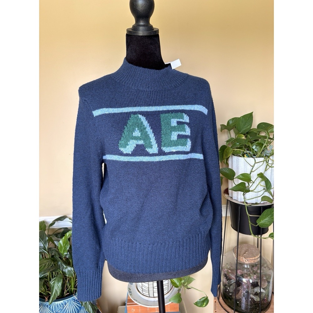 NWT American Eagle Womens M Navy Blue Mock Neck AE Logo Varsity Stripe Sweater